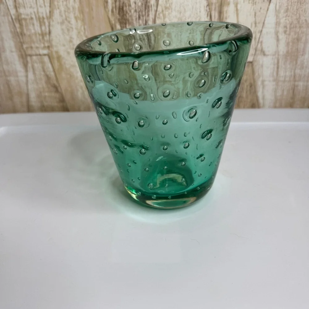 Vintage Green Hand Blown Bubble Glass Vase Heavy Bullicante Art Glass 6